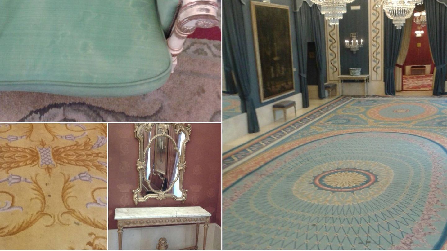 Las imponentes alfombras de los salones del Teatro Real están salpicadas de lamparones.
