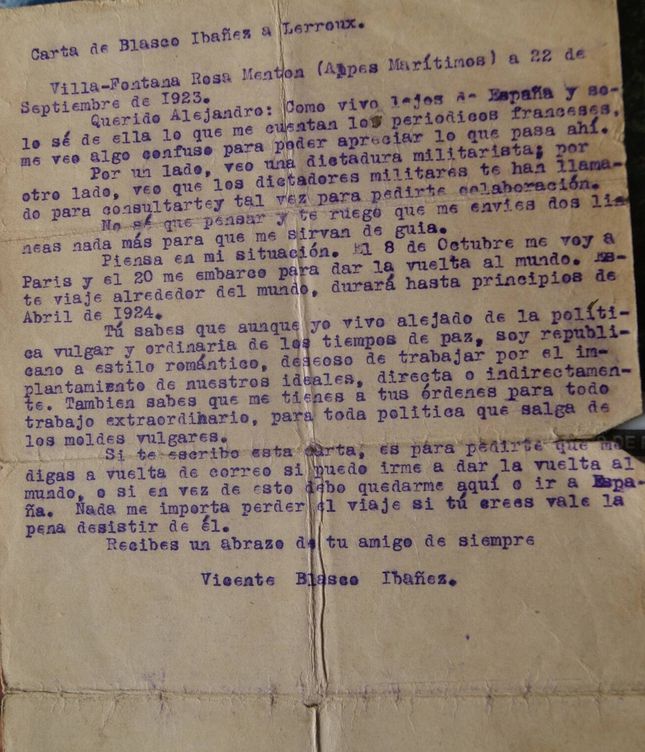 Carta de Blasco Ibáñez a Lerroux.