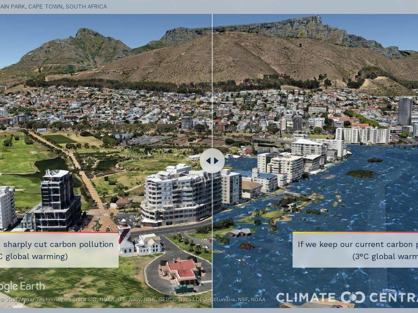 Simulación para Ciudad del Cabo, en Sudáfrica (Climate Central)