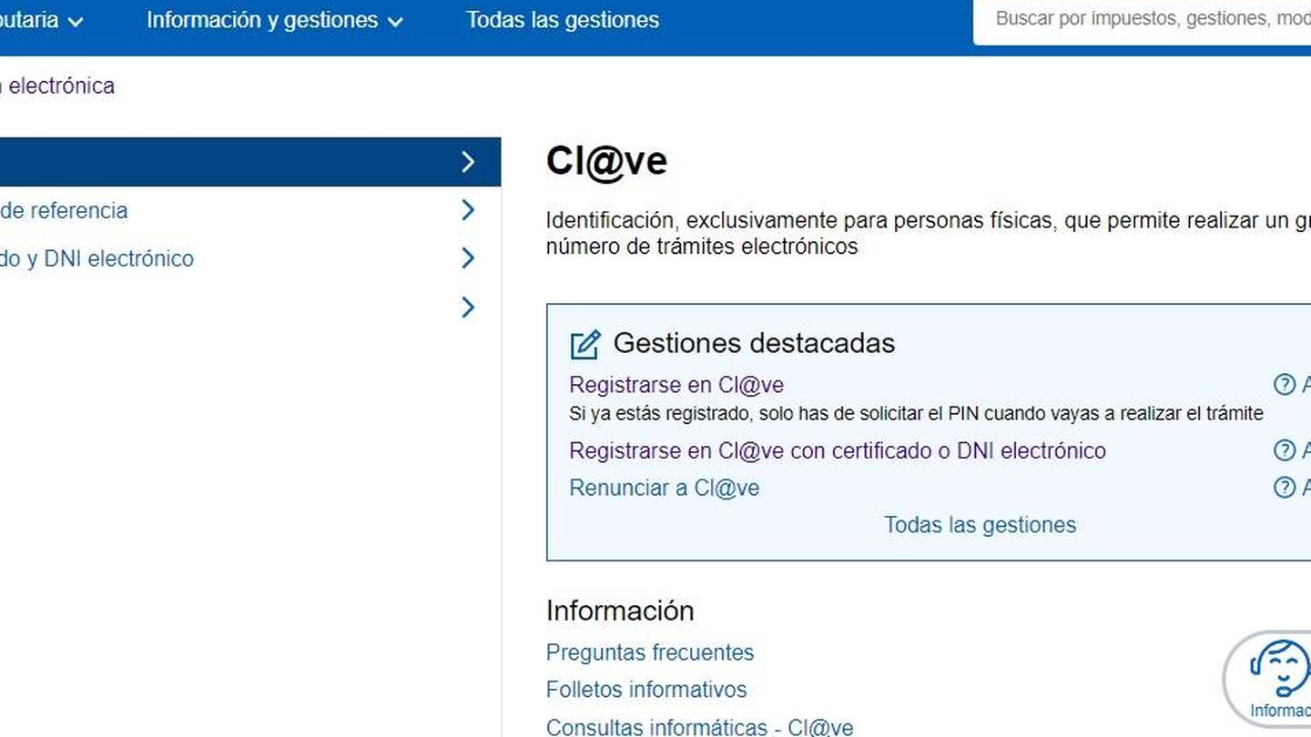 Web de la Agencia Tributaria para registrarse en el sistema clave.