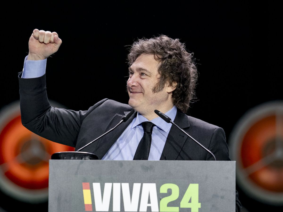Foto: El presidente de Argentina, Javier Milei, interviene durante el acto 'Viva 24' de Vox. (Europa Press/A. Pérez Meca)