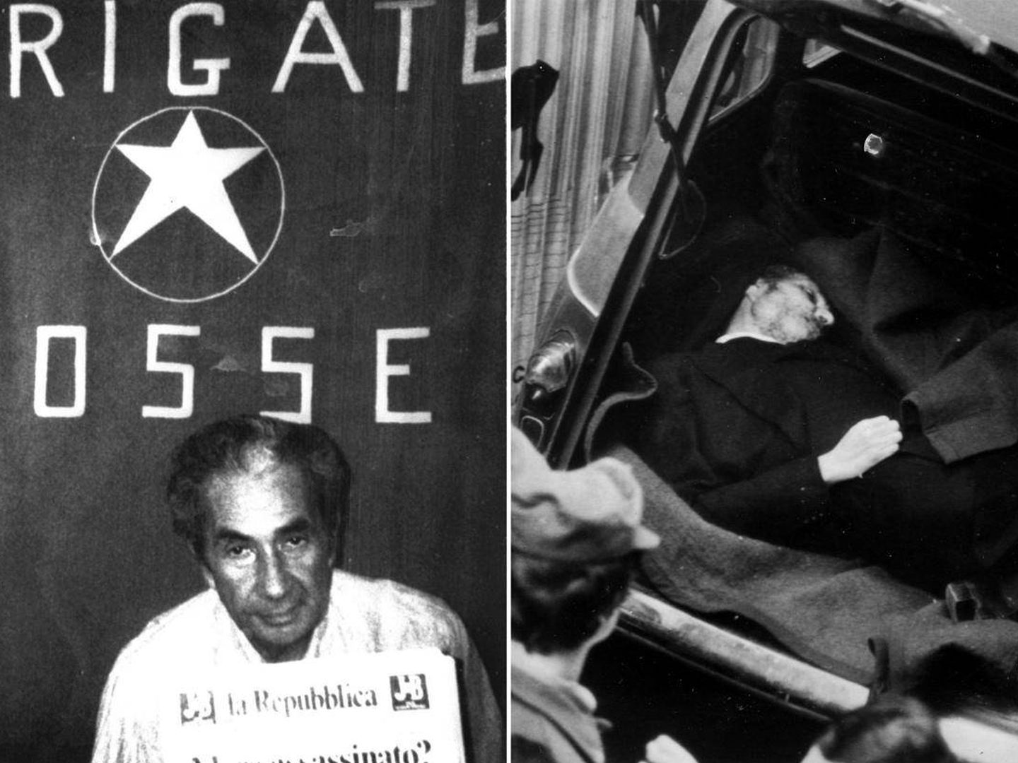 A la izquierda, Aldo Moro durante su secuestro por las brigadas Rojas. A la derecha, su cadáver encontrado en el maletero de un coche.