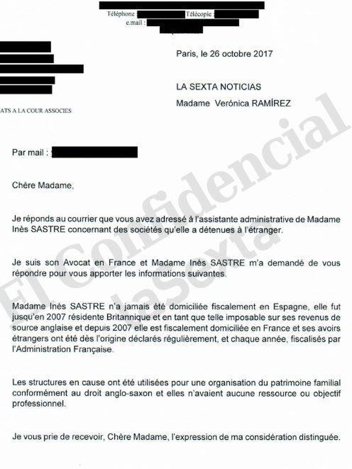 Carta de respuesta de los abogados de Inés Sastre.