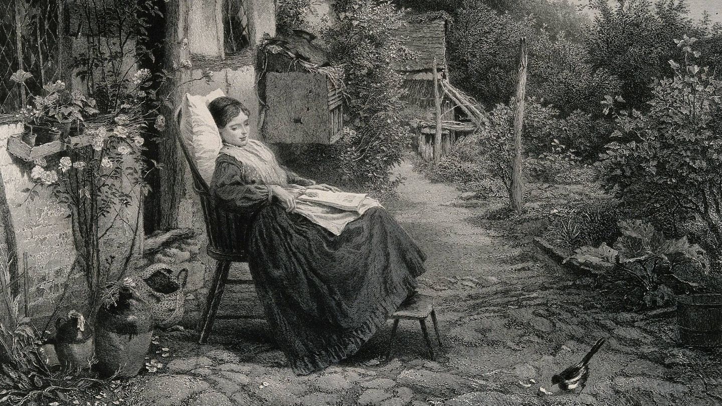 Una joven convaleciente en un jardín campestre observa cómo una urraca se alimenta de pan. Por Charles Cousen. Fuente: Wikipedia.