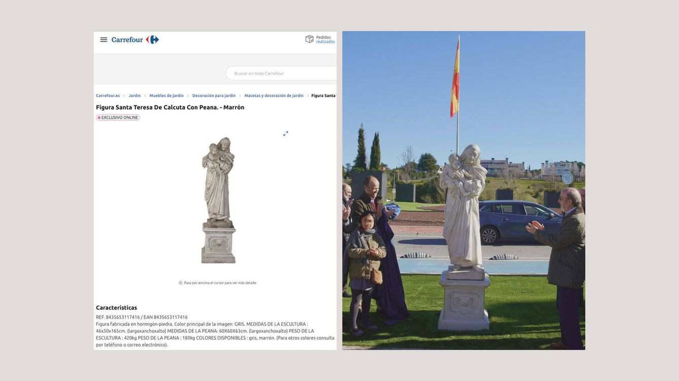 Foto: La estatua de Santa Teresa en Las Rozas junto a la réplica a la venta en Carrefour. (EC)
