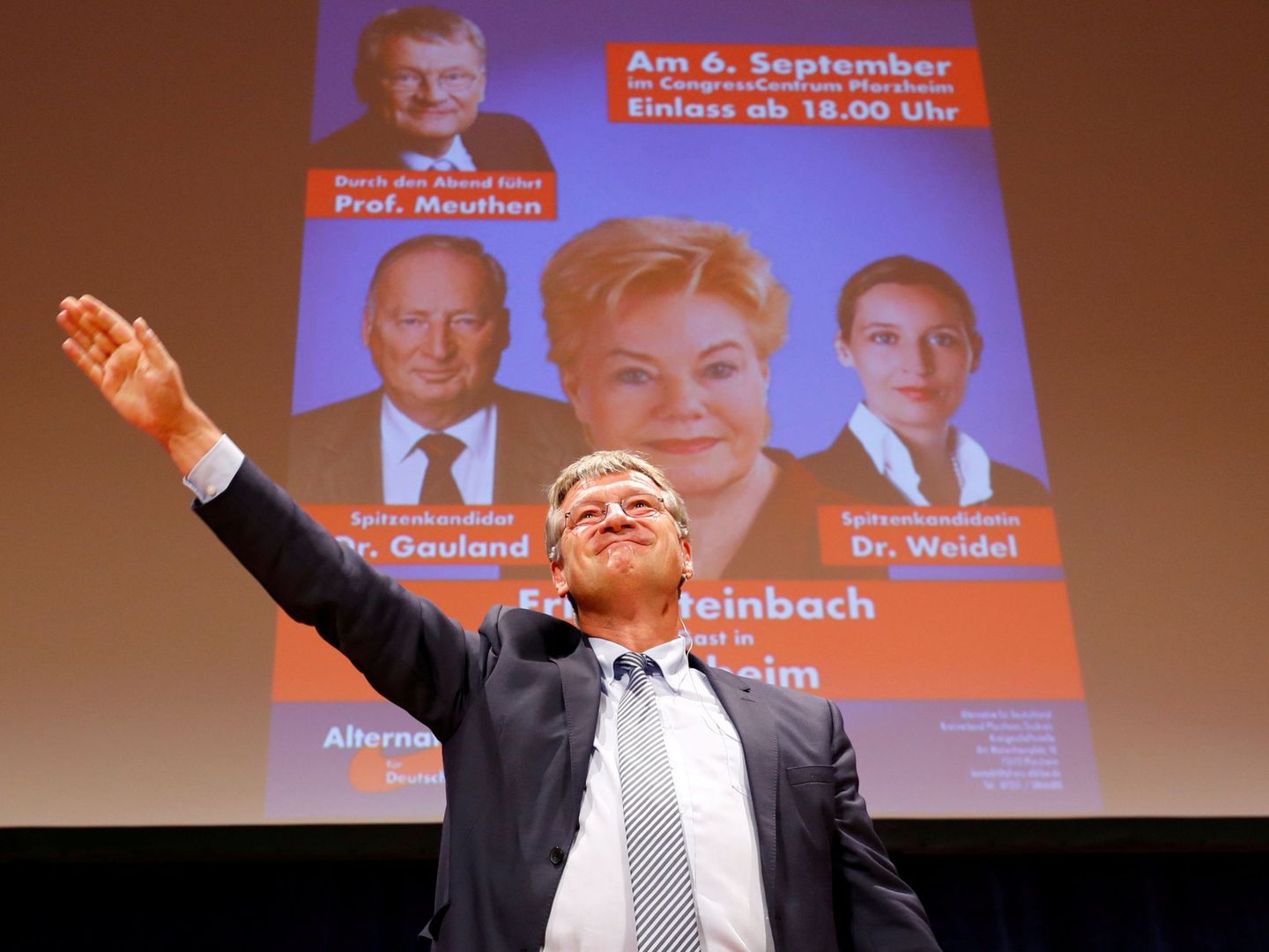 Jörg Meuthen, líder de Alternativa para Alemania, durante un acto de campaña en Pforzheim, el 6 de septiembre de 2017. (Reuters)