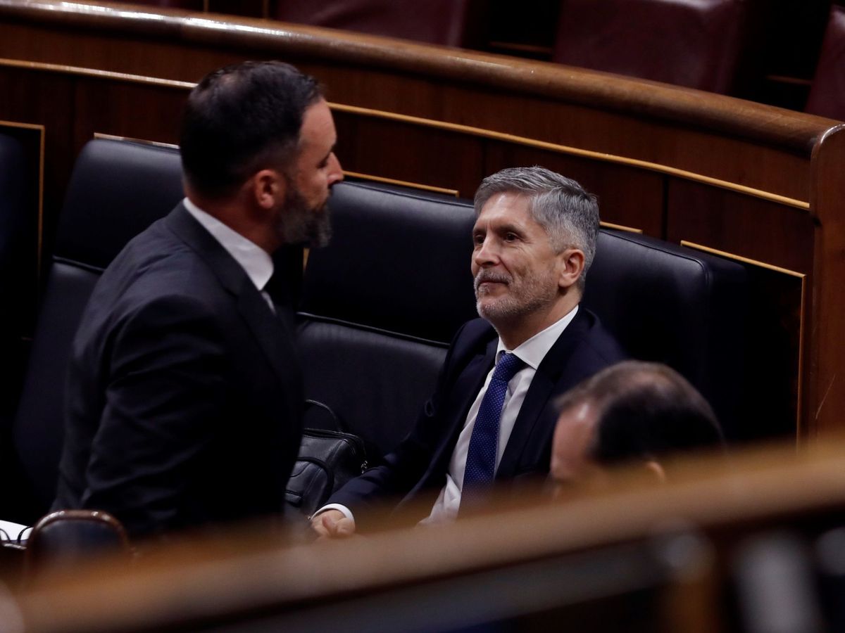 Foto: El líder de Vox, Santiago Abascal (i) pasa ante el minitro de Interior, Fernando Grande-Marlaska en el pleno el otro día. (EFE)