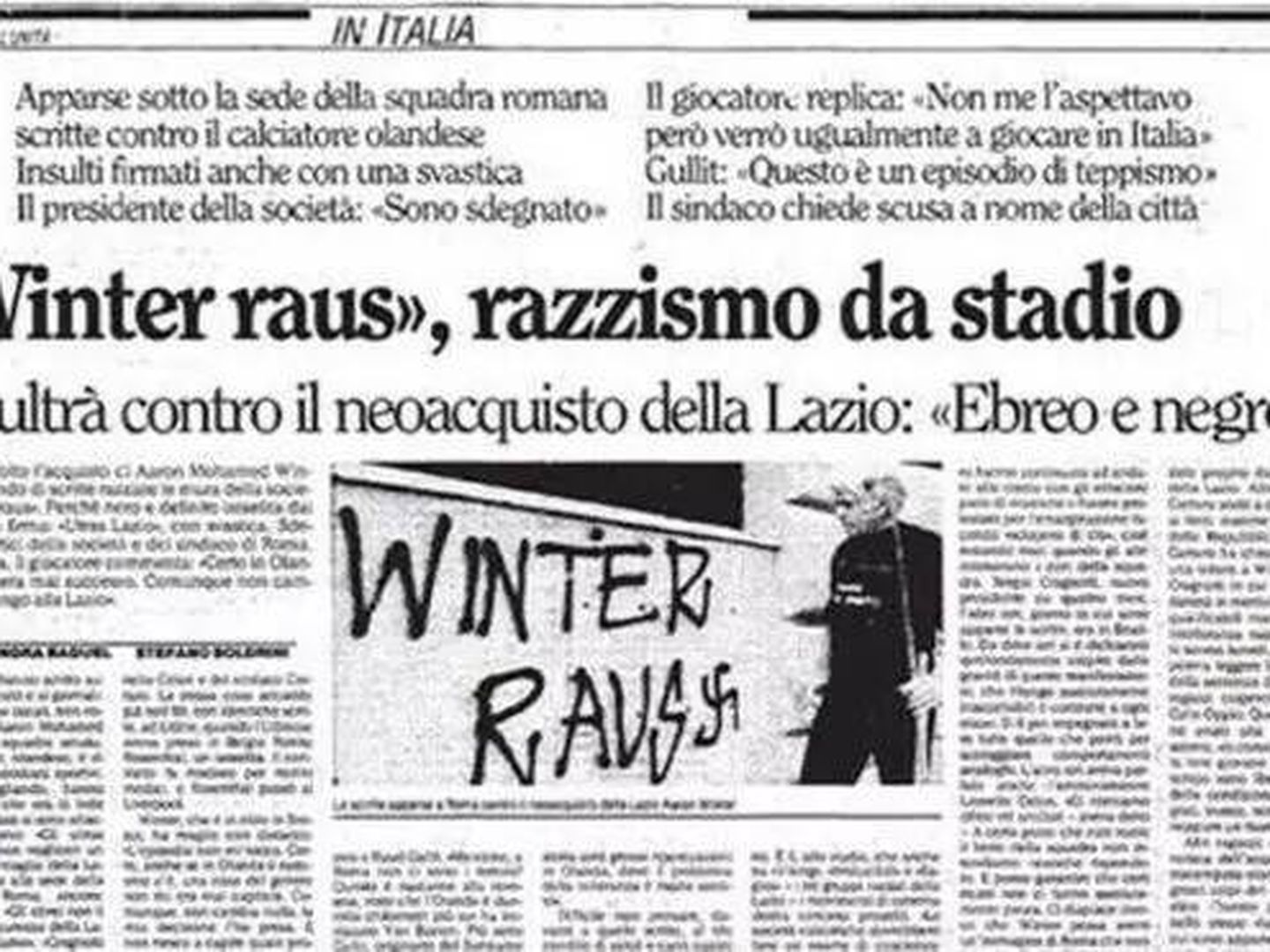 Información en un periódico italiano sobre el recibimiento que se le dedicó a Winter.