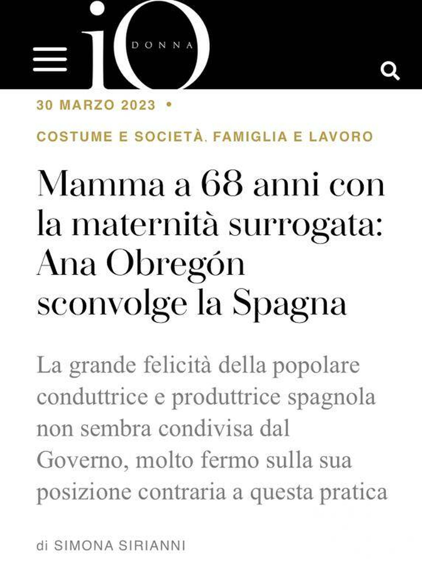 Captura de pantalla de la noticia de 'Io Donna' sobre la maternidad de Ana Obregón.