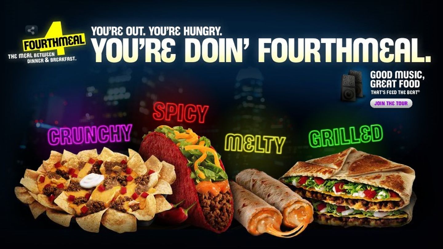 Anuncio de Taco Bell promocionando la 'cuarta comida', entre la cena y el desayuno. 