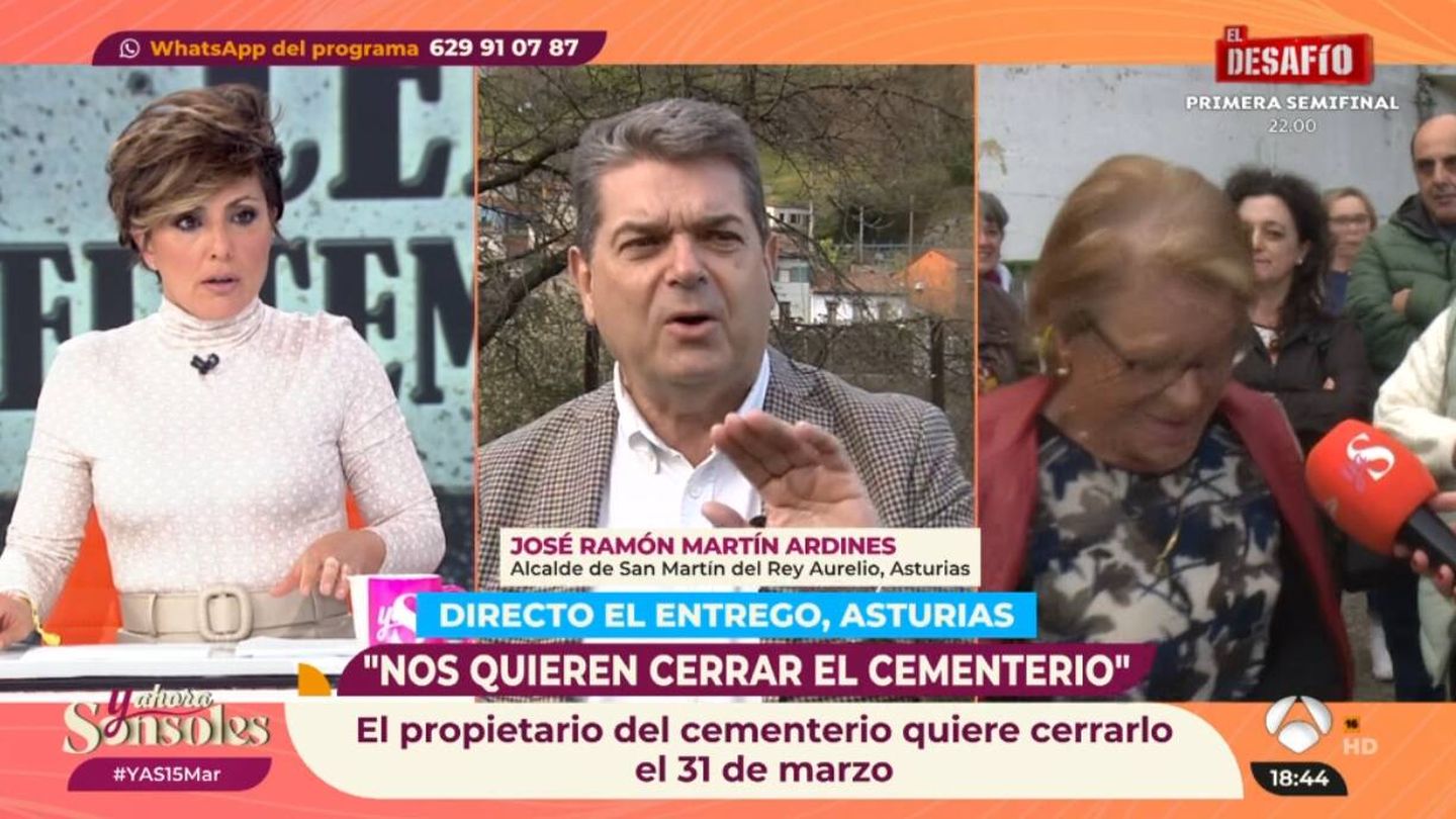 Sonsoles Ónega conectando con el alcalde José Ramón Martín Ardines  y con Pili. (Atresmedia)