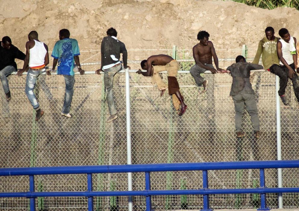 Foto: Varios subsaharianos saltan la valla de Melilla (Efe)