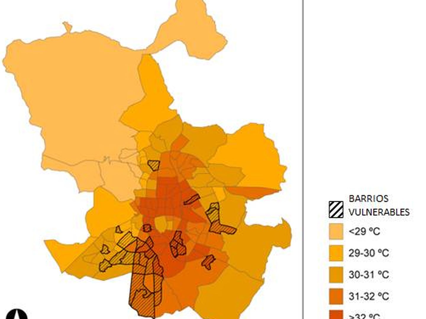 En negro, los barrios más vulnerables. (Gráfico: UPM)