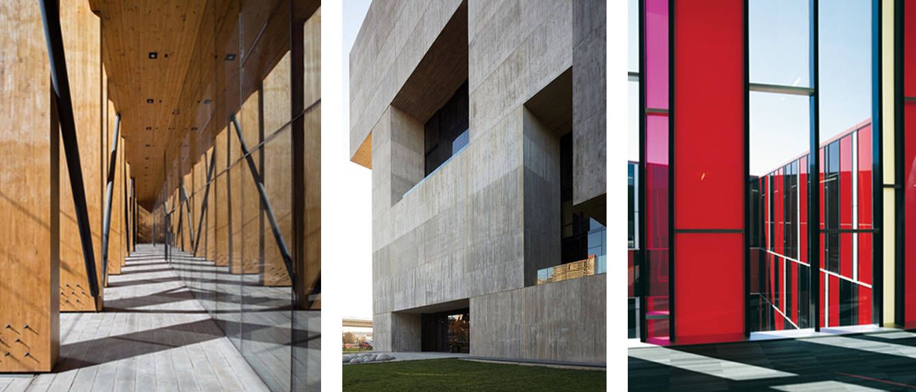 De izquierda a derecha: el Centro Cultural de la localidad chilena de Constitución, el Centro de Innovación Anacleto Angelini en Santiago e interior de St. Edward’s University de Austin. 