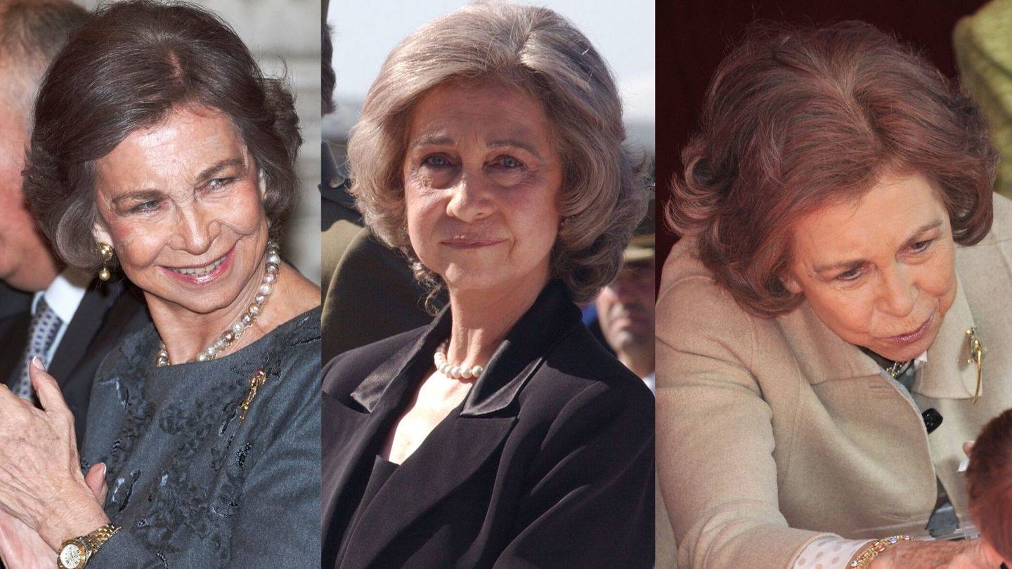 Los cambios en coloración del cabello de la reina Sofía. (Getty)