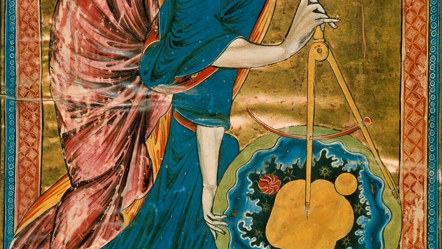 Detalle de una pintura medieval donde aparecen las manos de dios creando el mundo. (Wikimedia)
