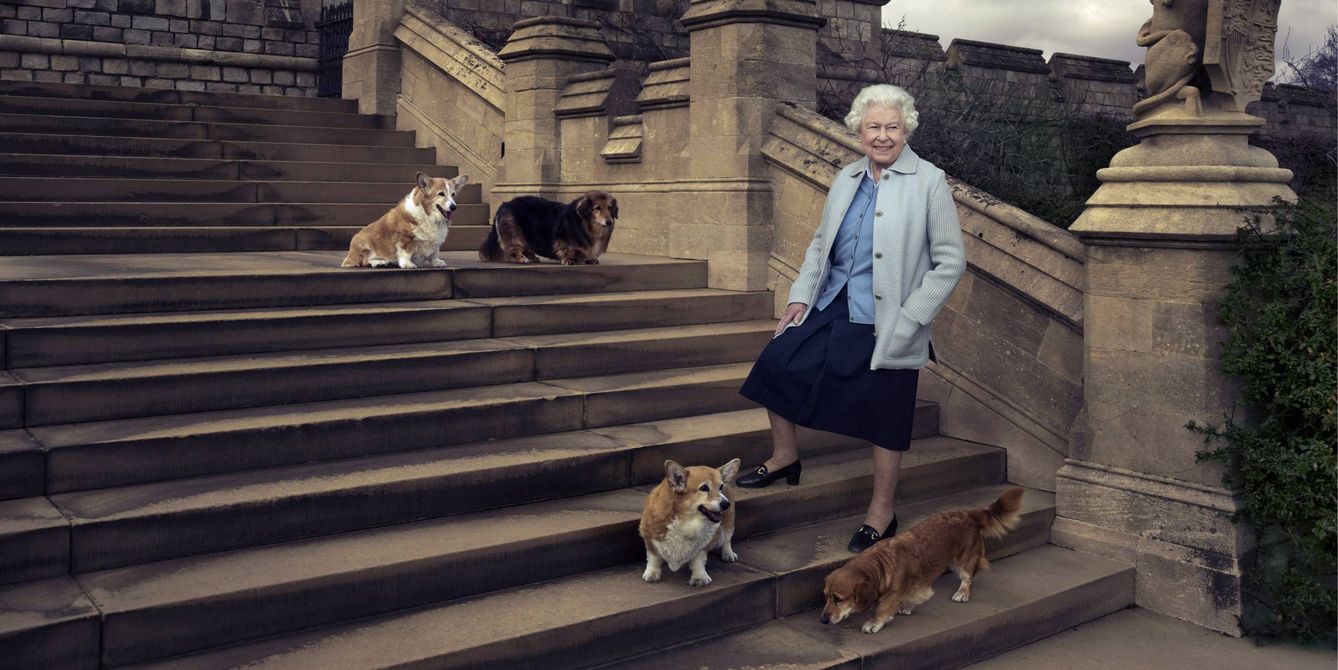 La reina Isabel, con sus perros en una foto con motivo de su 90º cumpleaños. (Cordon Press)