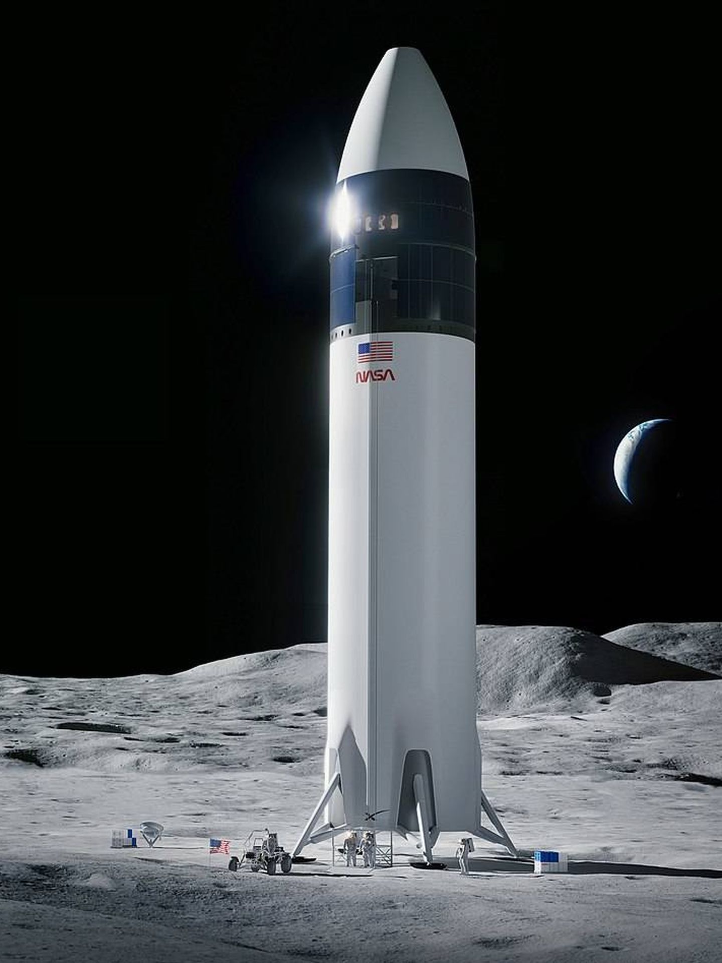 La variante de aterrizaje lunar del Starship que se usará en las misiones Artemis de la NASA. (SpaceX)
