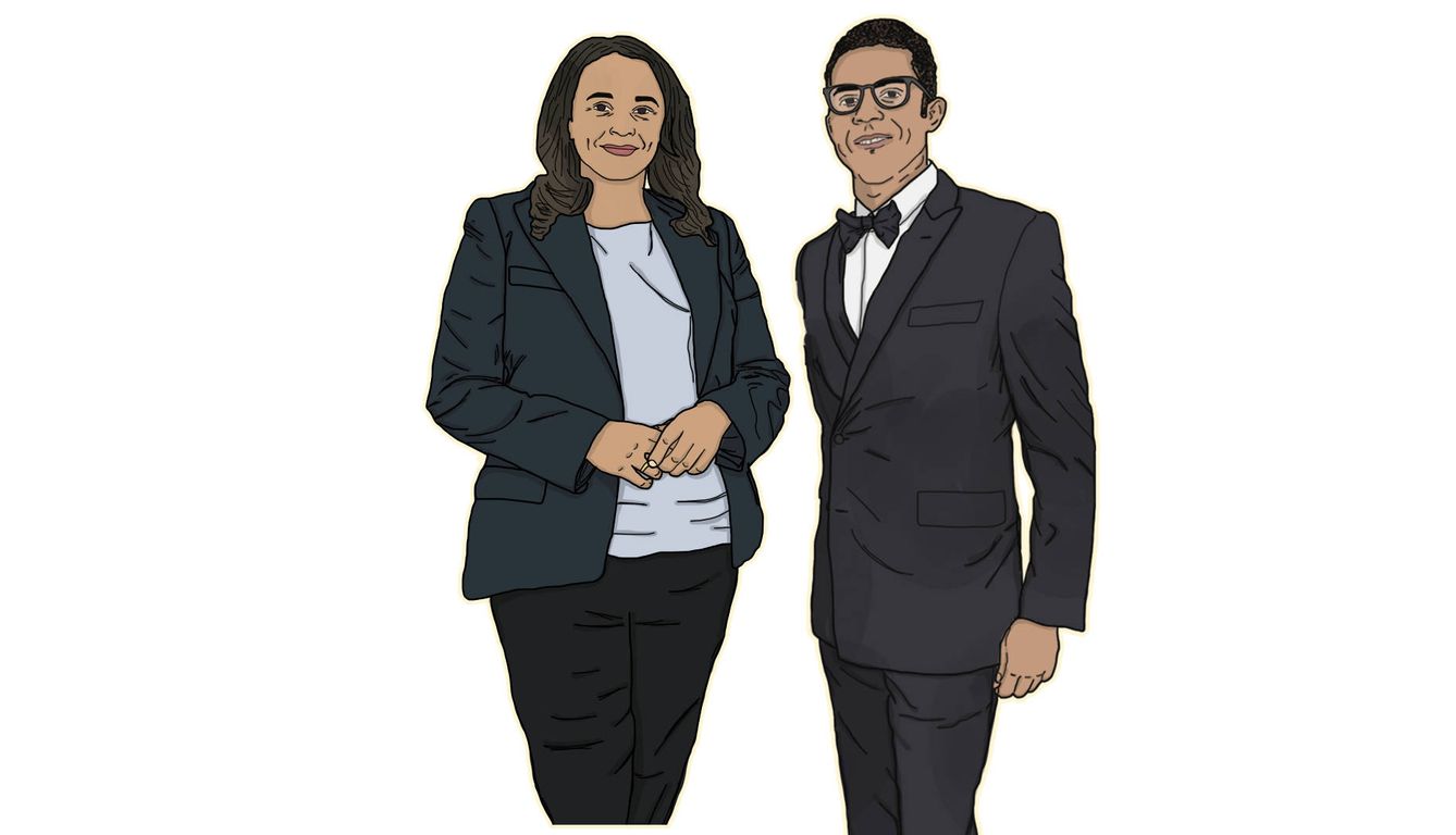 El matrimonio Isabel dos Santos y Sindika Dokolo. (Ilustración de Marwen ben Mustapha - Inkyfada/ICIJ)