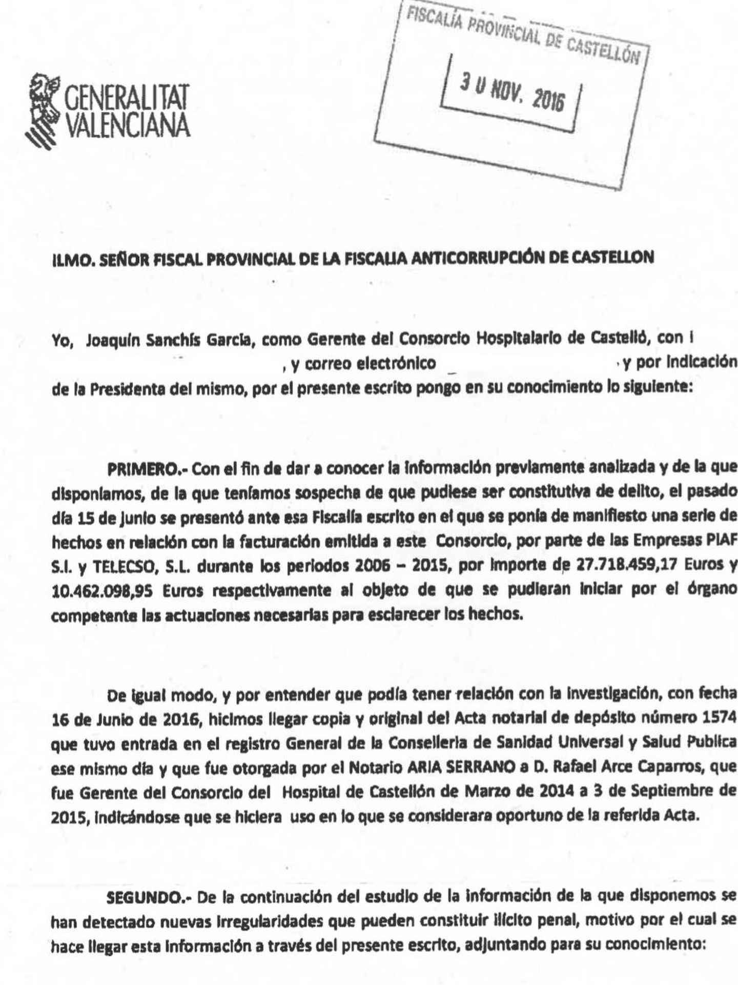 Escrito presentado en Anticorrupción por el actual gerente del Hospital Provincial de Castellón.