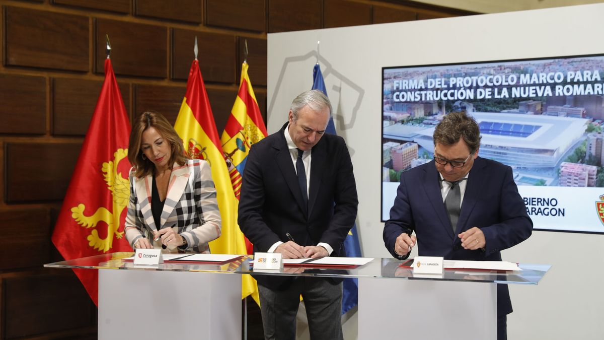 El Zaragoza, Ayuntamiento y Gobierno aragonés firman el protocolo para el nuevo La Romareda