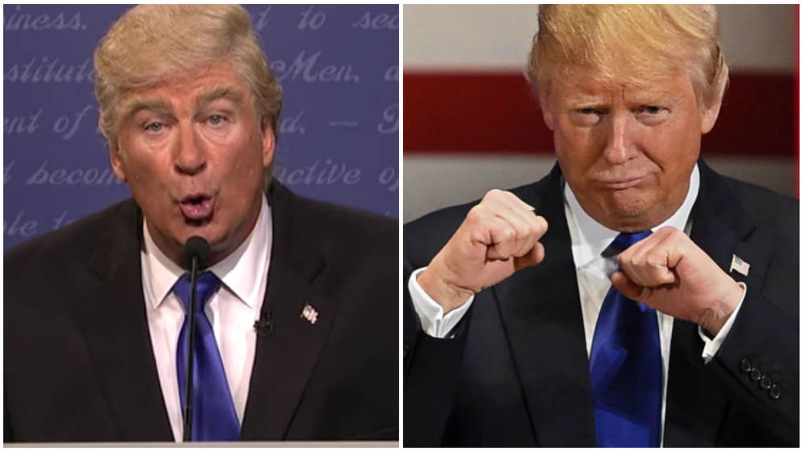Foto: A la izquierda, Alec Baldwing caracterizado como Donald Trump. A la derecha, Donald Trump