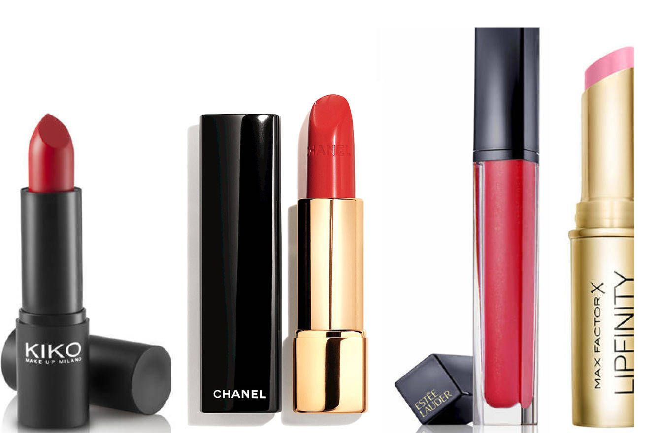 Smart Lipstick, de KIKO; Rouge Allure en tono Vibrante de Chanel; Pure Color Envy Sculpting Gloss 'Red Extrovert', de Estée Lauder; Lipfinity Long Lasting Lipstick, de Max Factor.