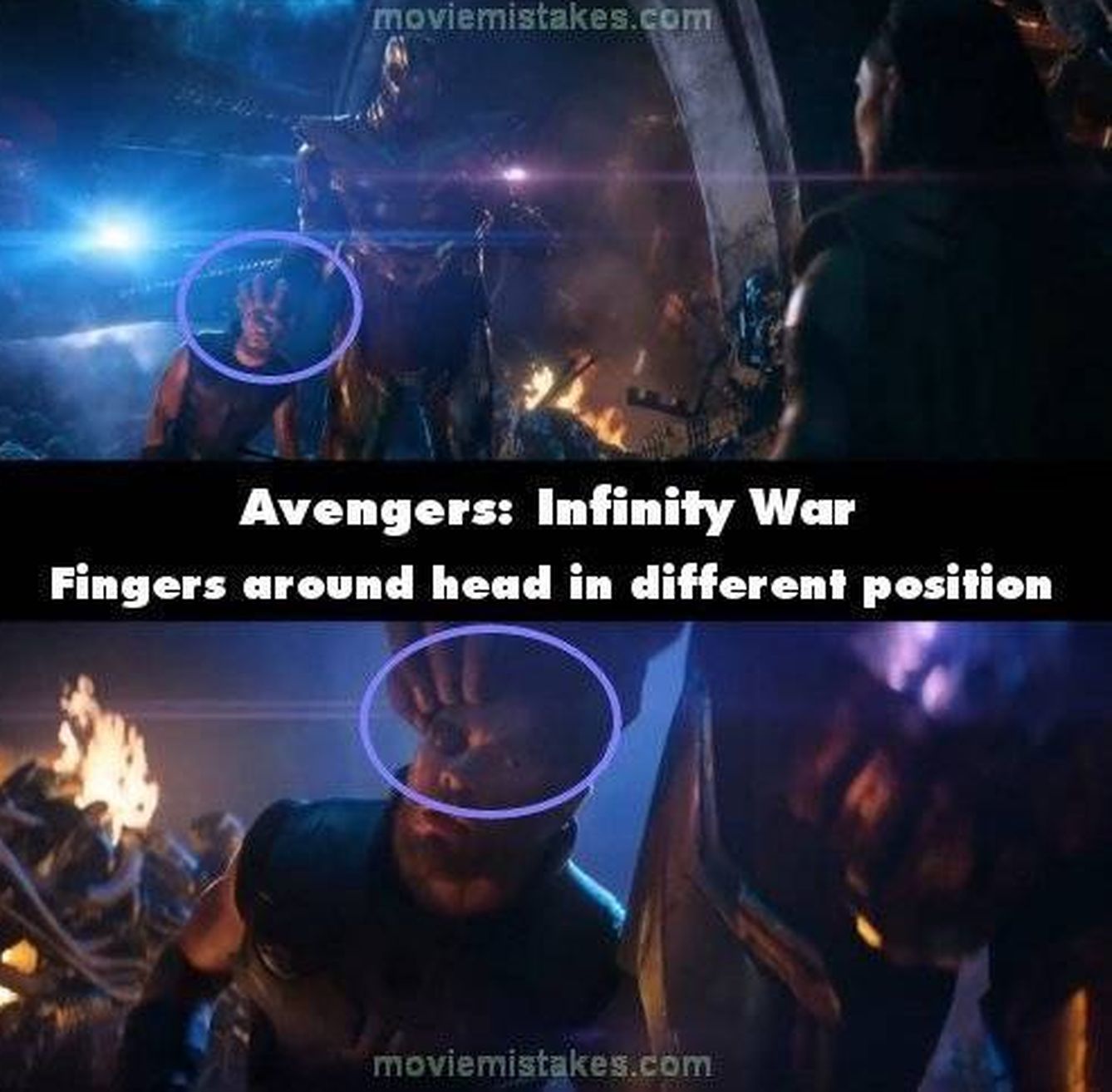 Otro fallo detectado por el portal: la colocación de la mano de Thanos cambia en el siguiente plano.