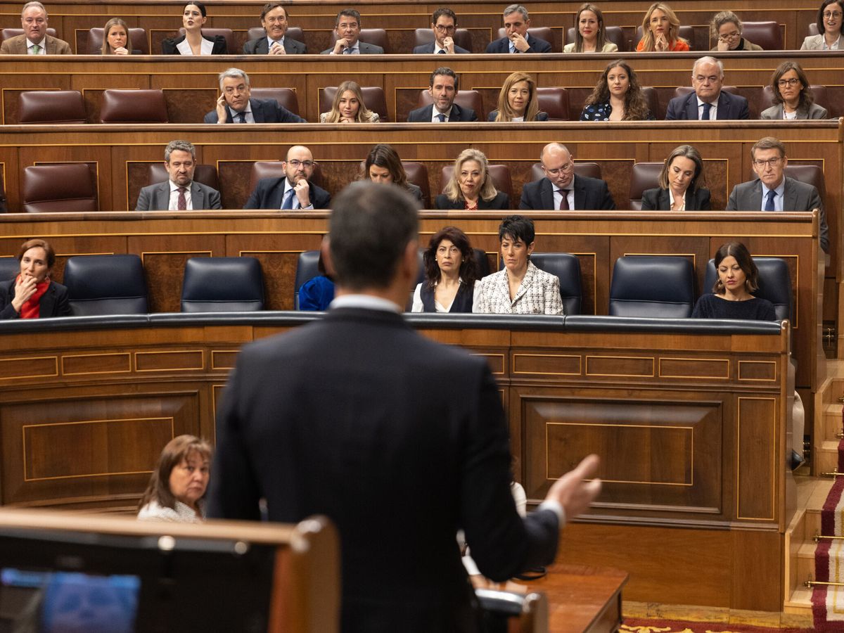 Foto: El presidente del Gobierno, Pedro Sánchez, y el líder del PP, Alberto Núñez Feijóo (al fondo), en una sesión de control en el Parlamento. (Europa Press/Eduardo Parra)