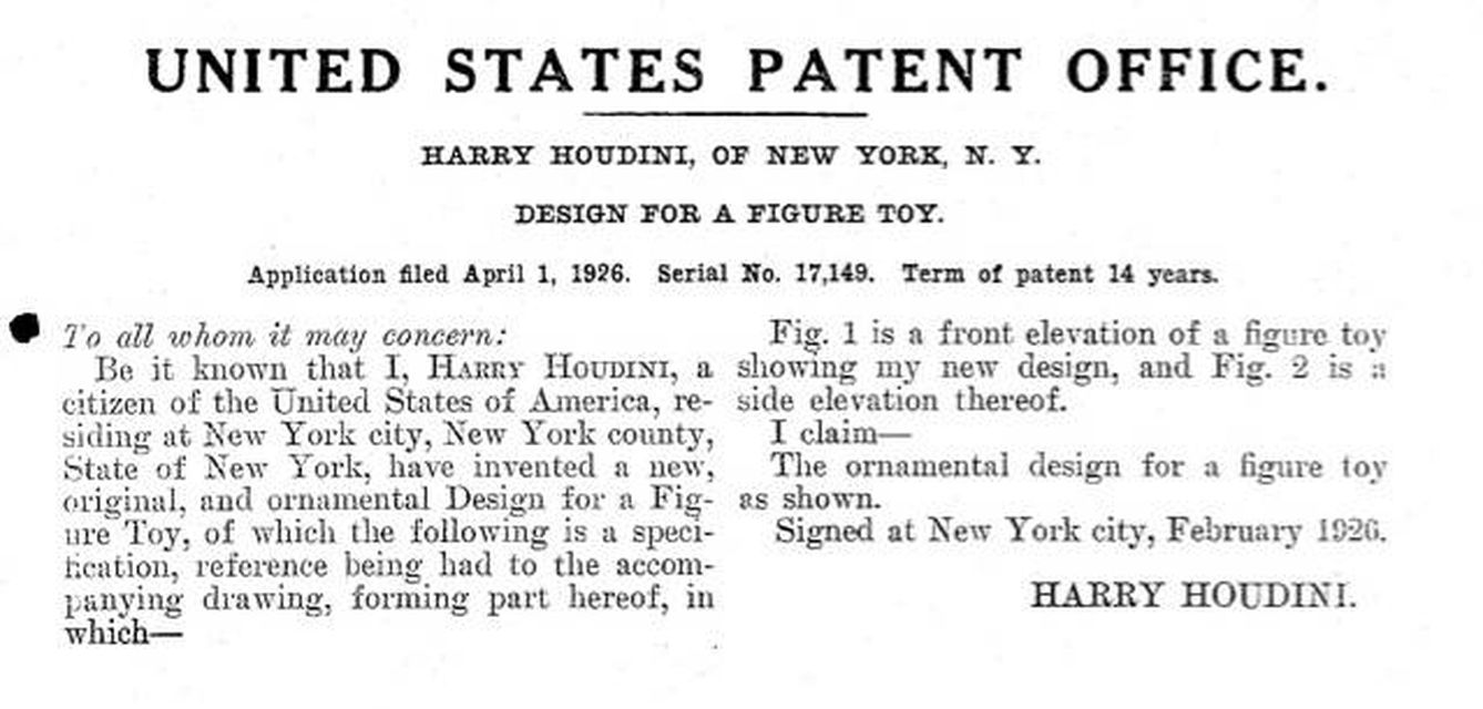Patente del diseño de una figura con una camisa de fuerza de Harry Houdini (Fuente: Dominio público)