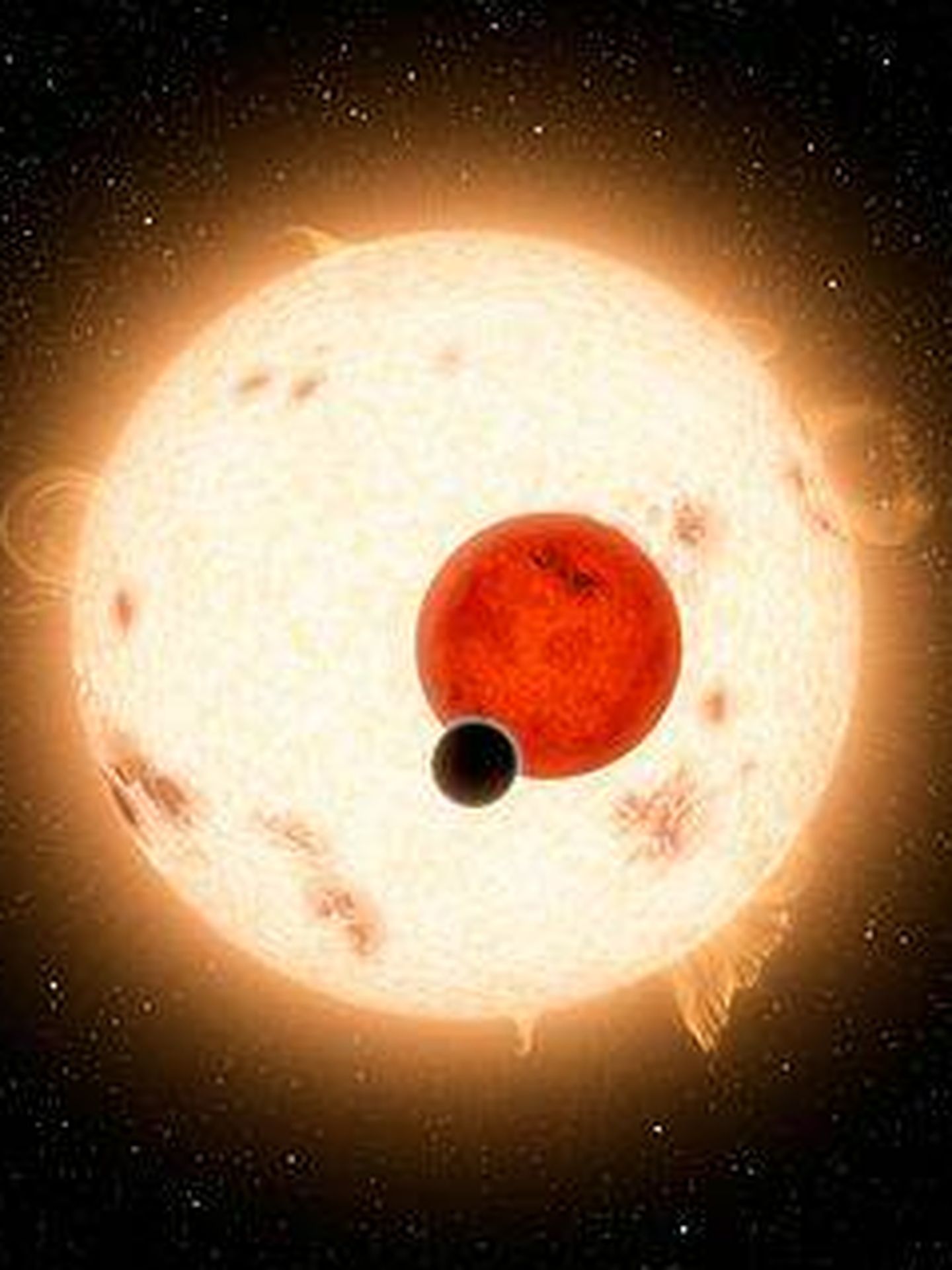 Representación artística del sistema Kepler-16, que muestra las dos estrellas eclipsadas y Kepler-16b transitando frente a ellas.(NASA)