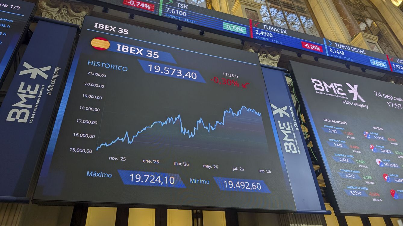 Foto: Paneles del Ibex en el Palacio de la Bolsa de Madrid. (EP)