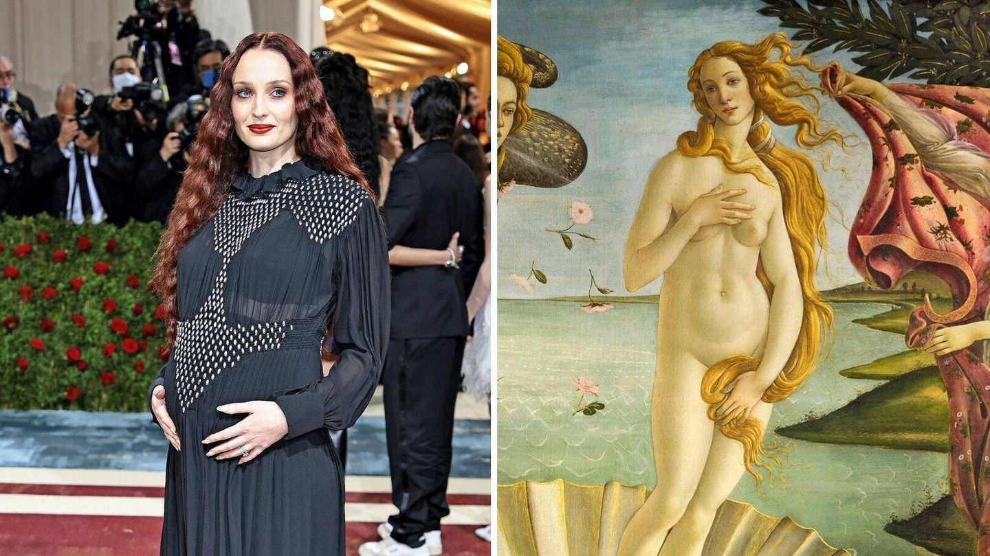 Sophie Turner en la Met Gala y la Afrodita de Botticelli. (Getty/Dimitrios Kambouris)