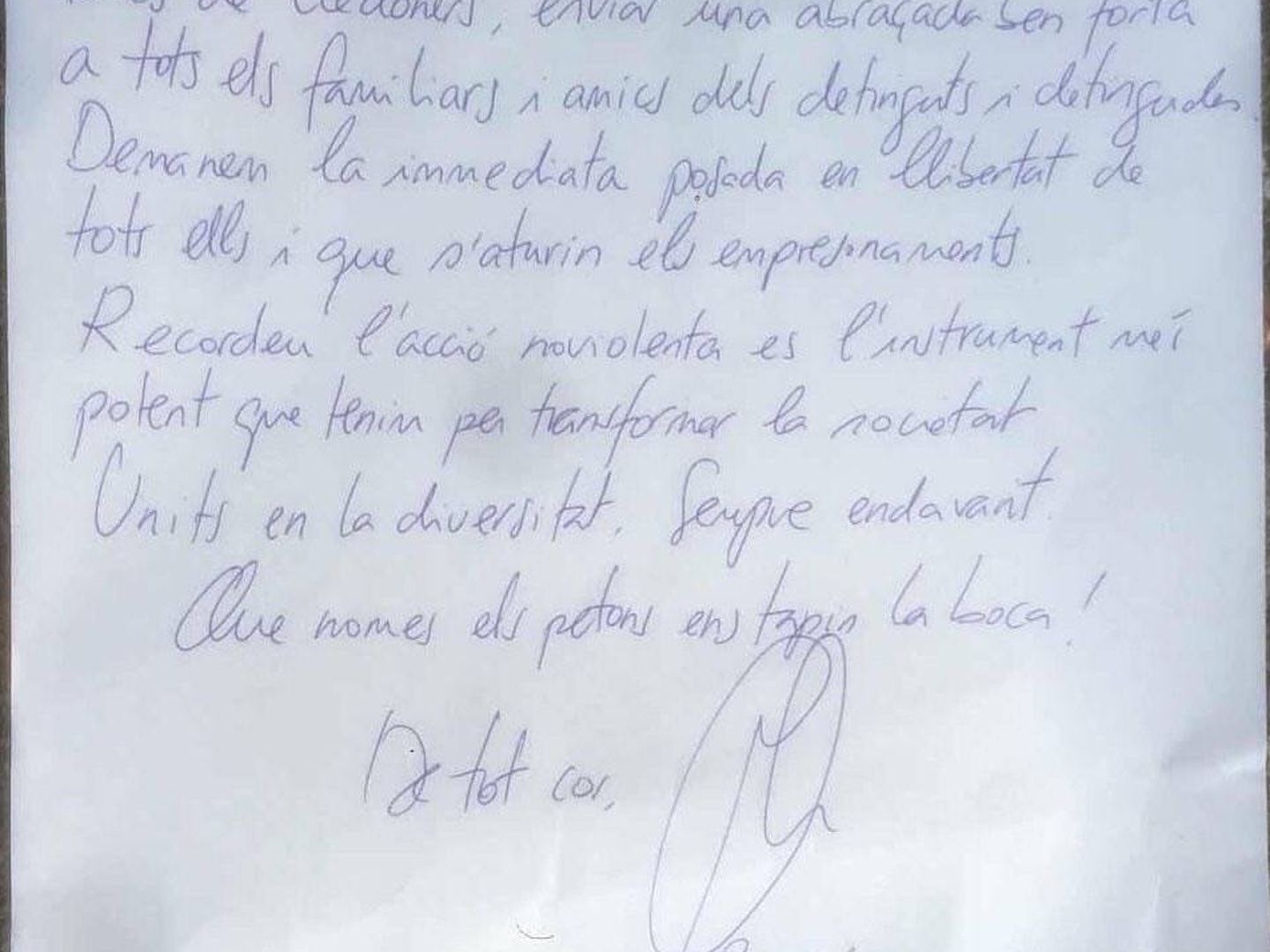 Carta de Jordi Cuixart, presidente de Omnium Cultural, desde la cárcel. 