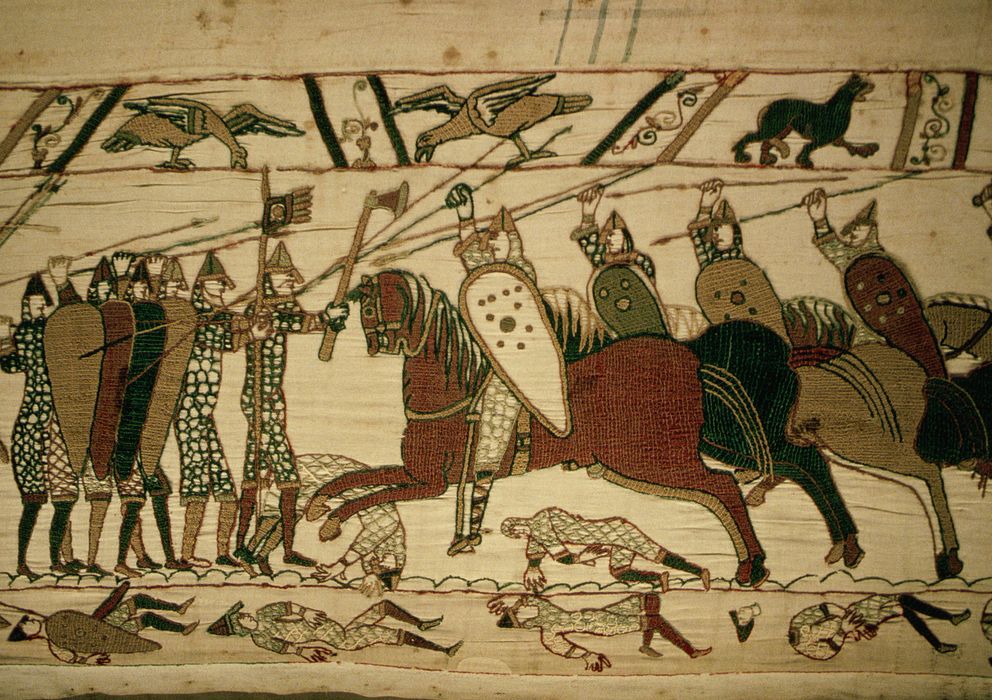 Foto: Detalle de la Batalla de Hastings reflejado para la historia en el famoso tapiz de Bayeux. (Nik Wheeler/Corbis)