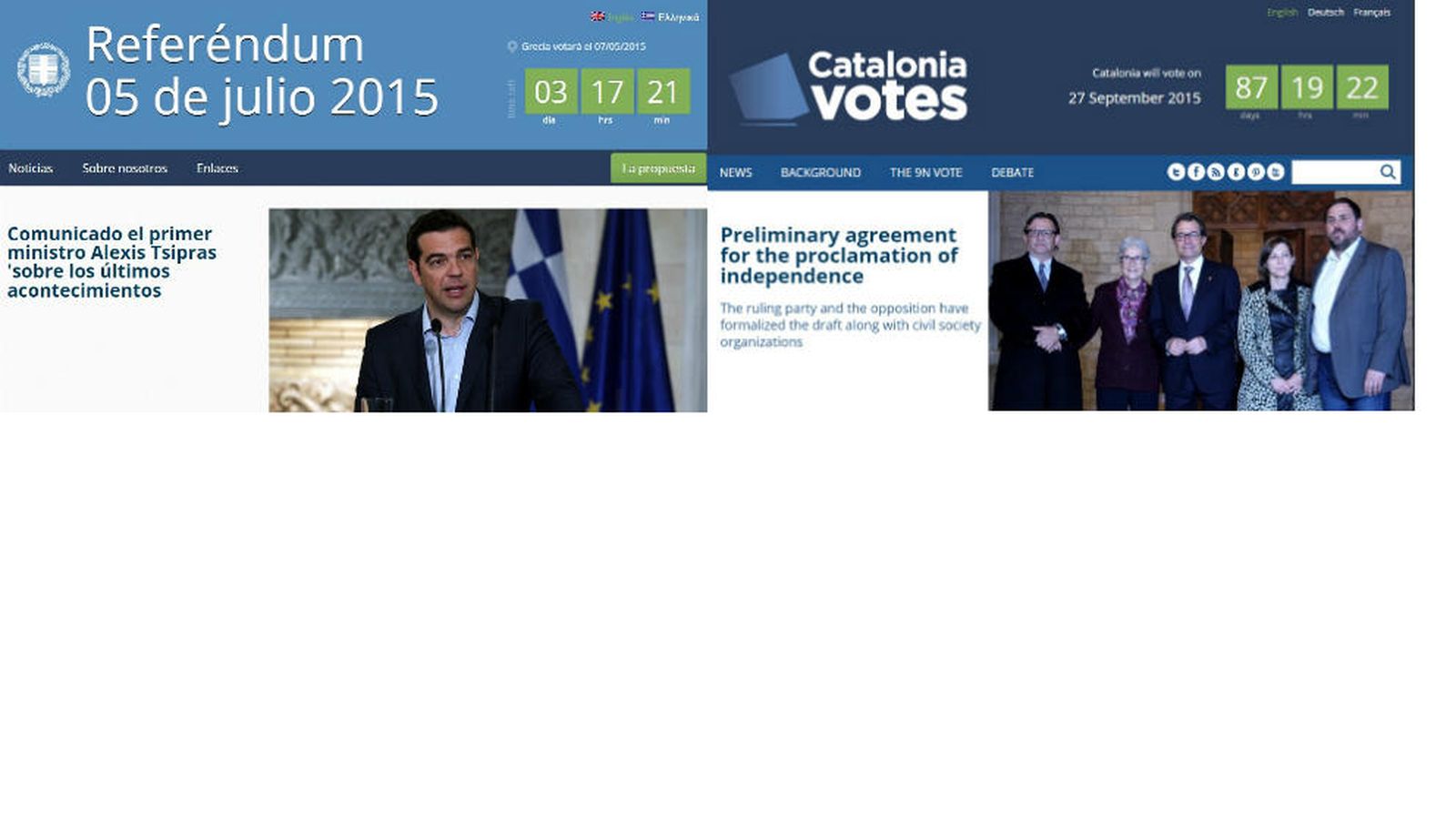 Foto: A la izquierda, imagen del referéndum en Grecia. A la derecha, la de la consulta catalana