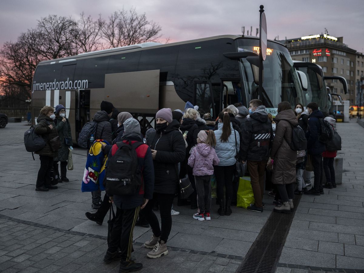Foto: Foto de archivo de refugiados ucranianos suben a un autobús fletado por Farmacéuticos Solidarios, para emprender su viaje a España. (EFE)