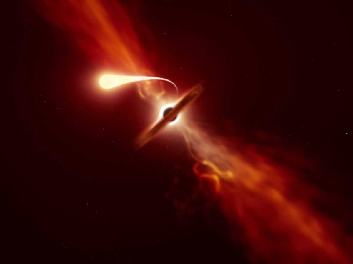 Foto: Interpretación de un artista de una estrella siendo devorada por un agujero negro supermasivo. Foto: Observatorio Europeo Austral 