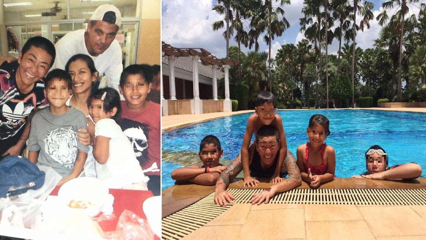 A la izquierda, Kuantrakul visita en prisión a Yuyee junto a Frank Cuesta y sus hijos. A la derecha, el tailandés en la piscina con los niños en 2016