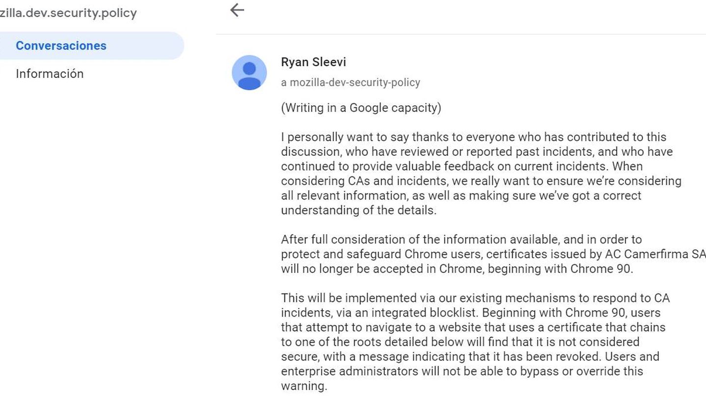 Captura del mensaje del desarrollador de Google anunciando la decisión.