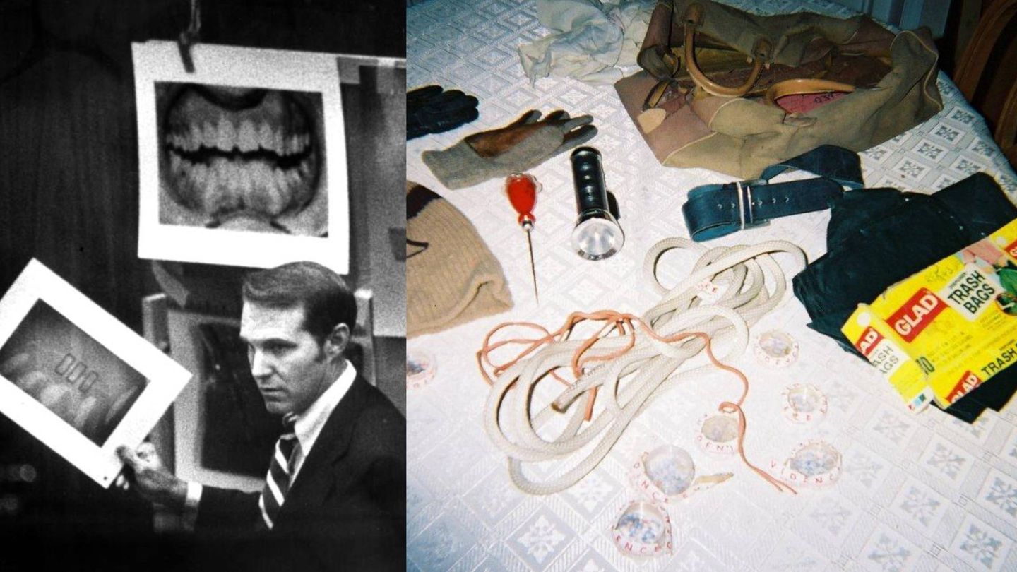 Pruebas contra Ted Bundy: la mordedura en una víctima y el 'kit criminal' hallado en su casa. (C.C.)