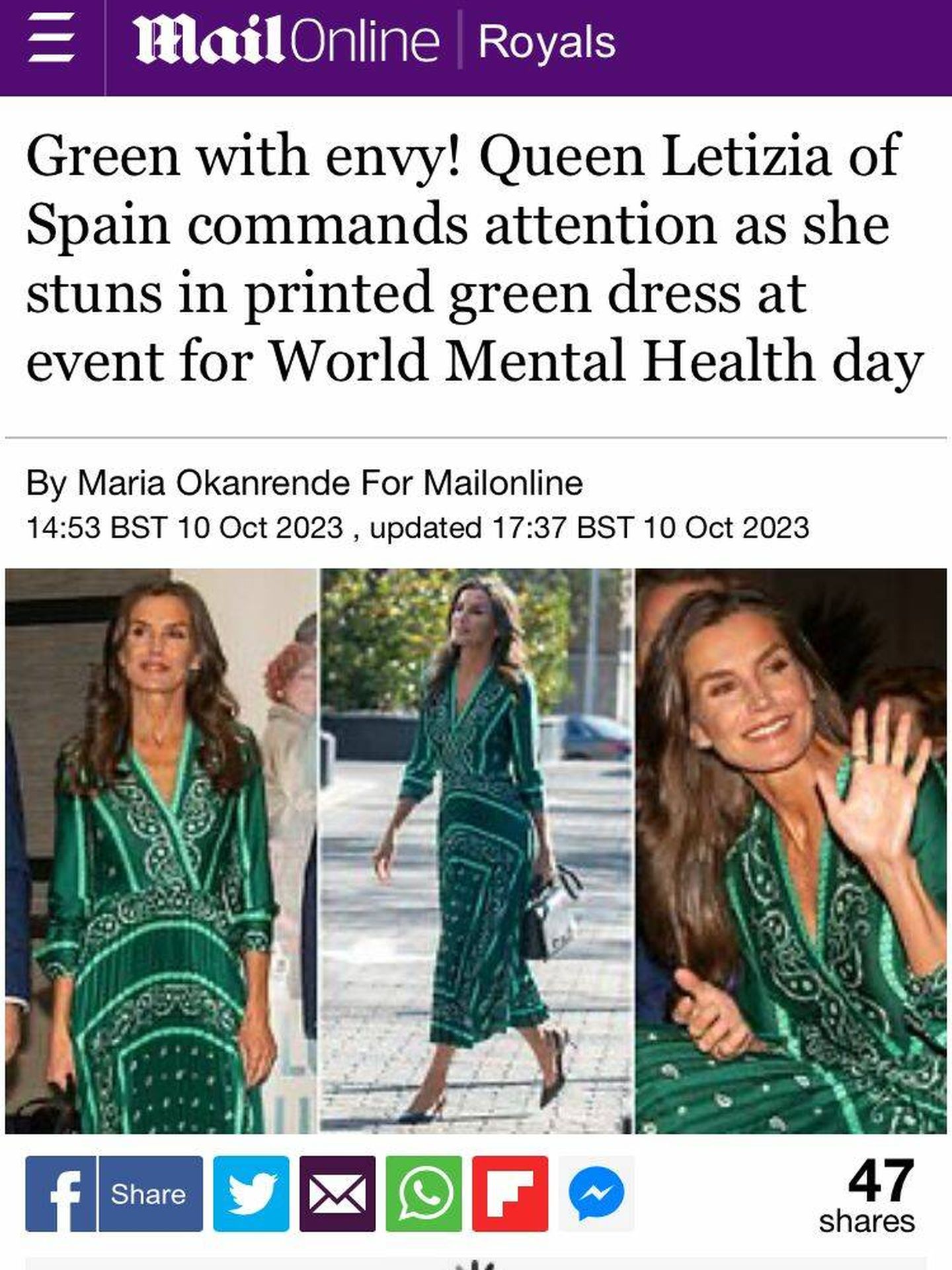 La noticia del vestido de Sandro Paris en 'Daily Mail'. (Captura de pantalla)