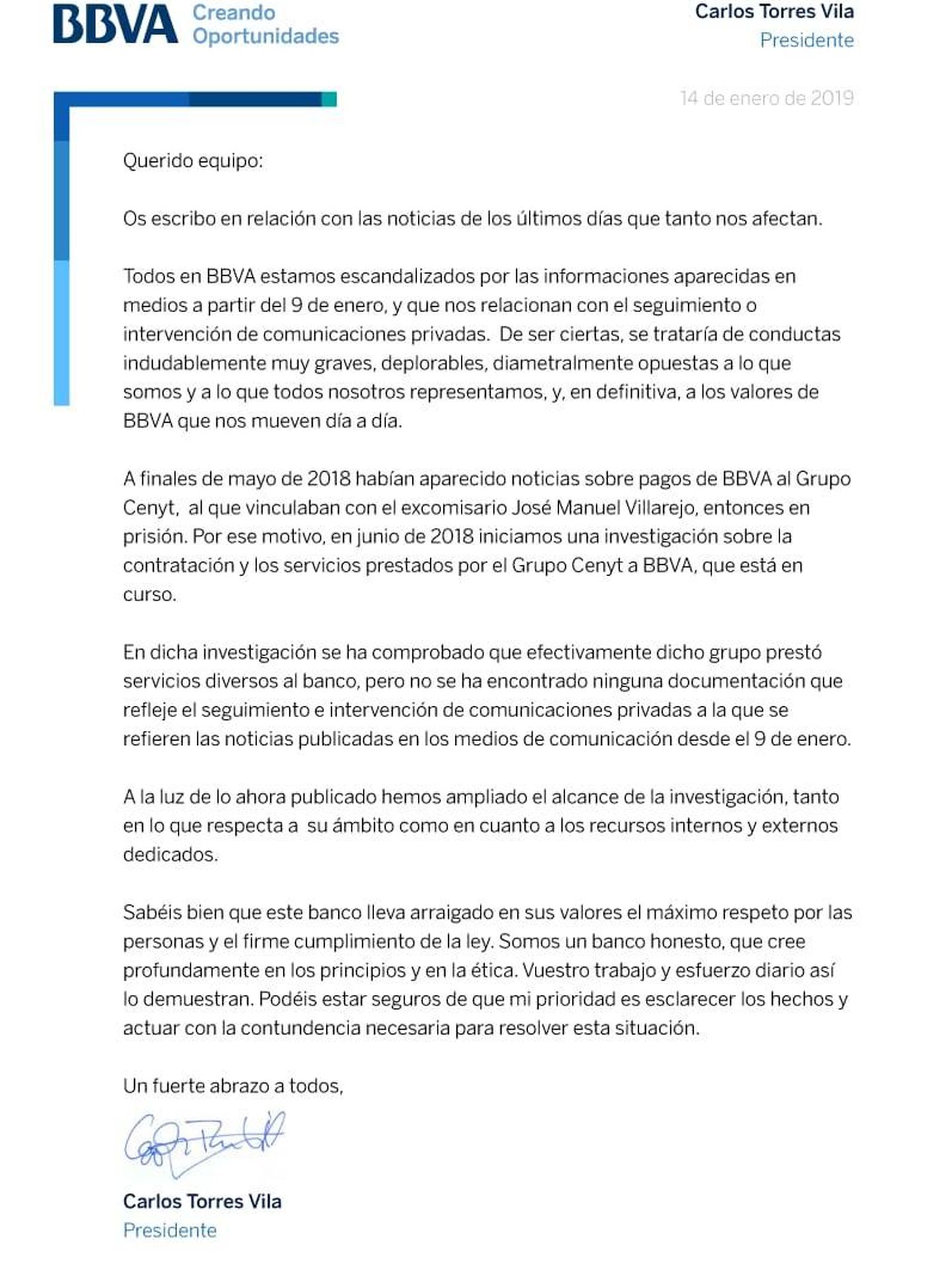 Carta enviada por Carlos Torres Vila a los empleados de BBVA