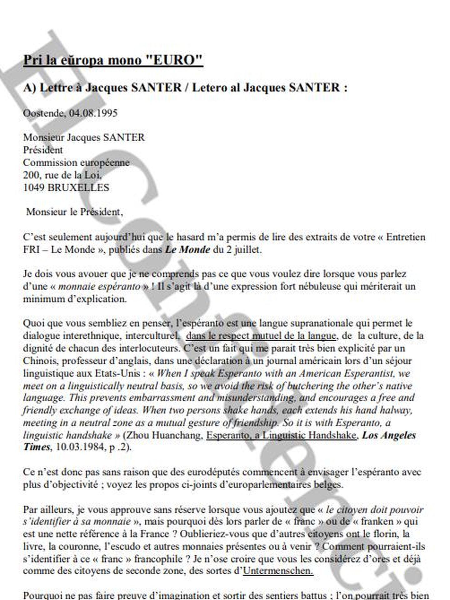 El documento oficial de la carta de Germain Pirlot al presidente de la Comisión Europea en 1995 en francés y en esperanto. 