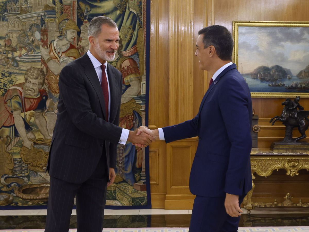 Foto: El rey Felipe VI (i) estrecha la mano al líder del PSOE y presidente del Gobierno en funciones, Pedro Sánchez. (EFE/Pool/Juanjo Guillén)
