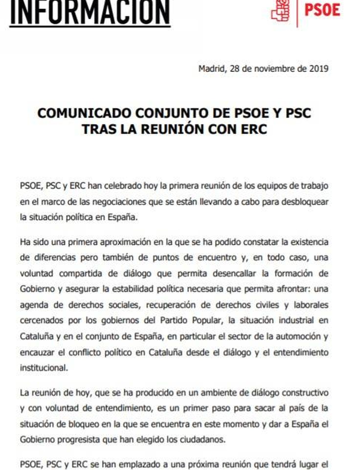 Consulte aquí en PDF los comunicados de PSOE y ERC tras su primera reunión formal este 28 de noviembre en el Congreso.