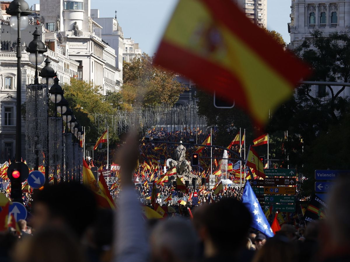 Foto: Manifestación multitudinaria contra la amnistía en Madrid. (EFE/Juanjo Martín)