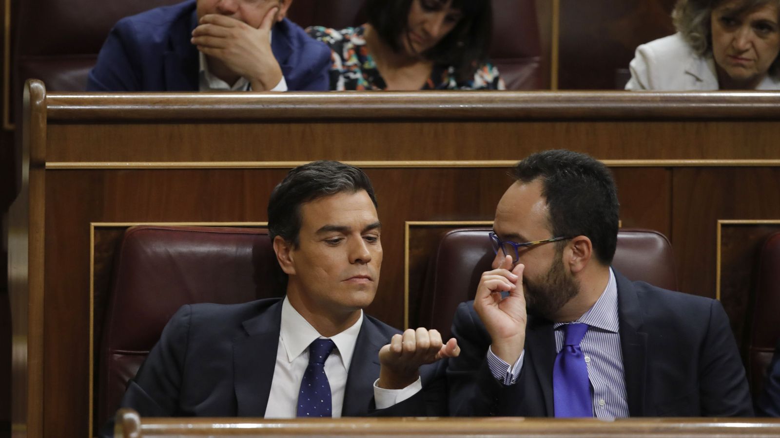 Foto: El secretario general del PSOE, Pedro Sánchez, en su escaño junto al diputado Antonio Hernando. (EFE) 
