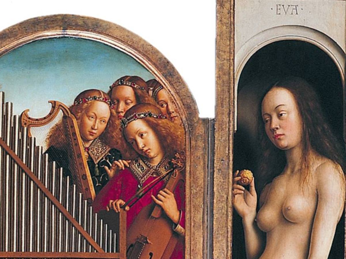 Foto: Parte de 'La adoración del cordero místico' de van Eyck, donde se ve a Eva con un limón en la mano.