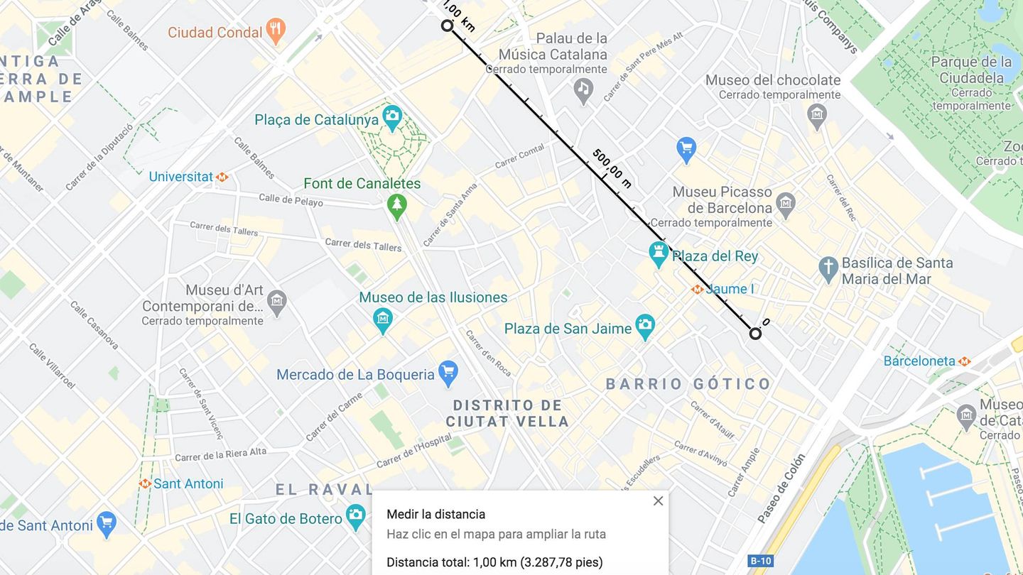 Ejemplo de cómo calcular la distancia de un kilómetro de vivir en el barrio gótico de Barcelona